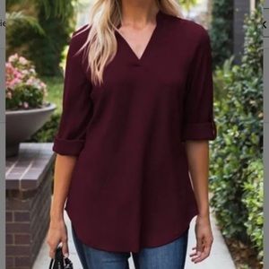 Burgundy Roll-Tab Sleeve Notch Neck Top